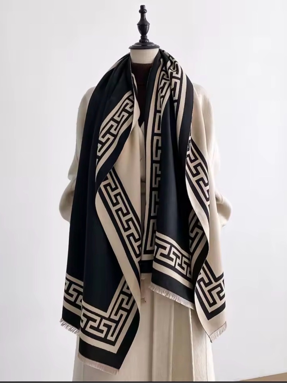 Black & Cream Geometric Border Women's Wrap Scarf